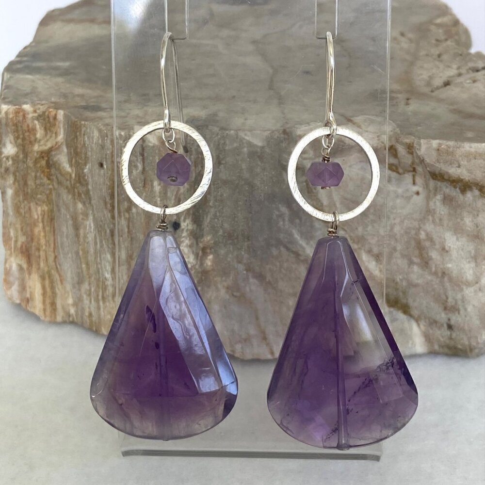 Deb Guyot Sterling Silver 925 Chunky Faceted Teardrop Amethyst Dangle Earrings